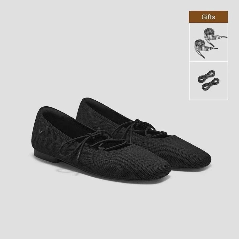 Vivaia Miley Black Square Toe Knit Ballet Flats Lace Up Shoes EU/39.5 US/8.5